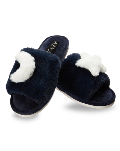 Women's Star and Moon Plush Slippers : Color: Midnight Blue