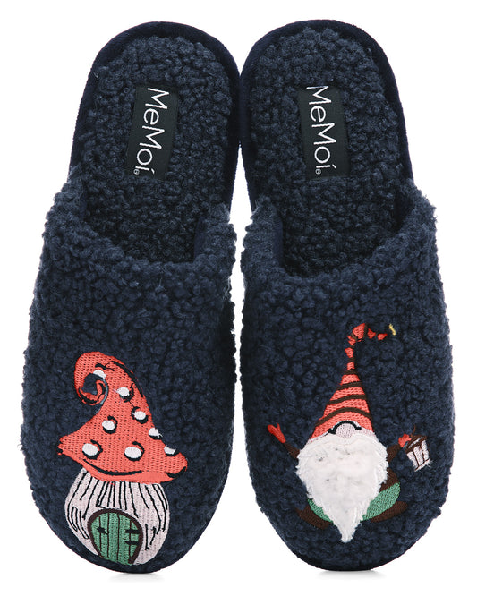 Women's Gnome & Mushroom Hard Bottom Plush Slippers : Color: Navy
