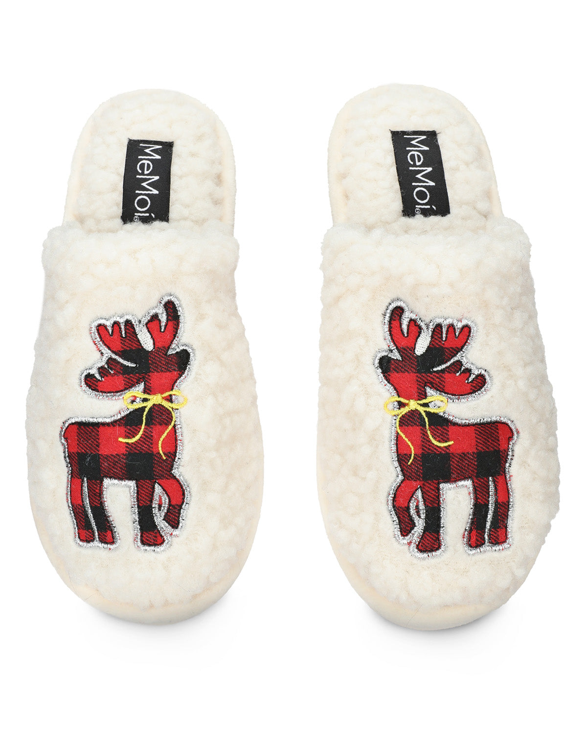 Women's Plaid Reindeer Plush Slippers : Color: Ivory