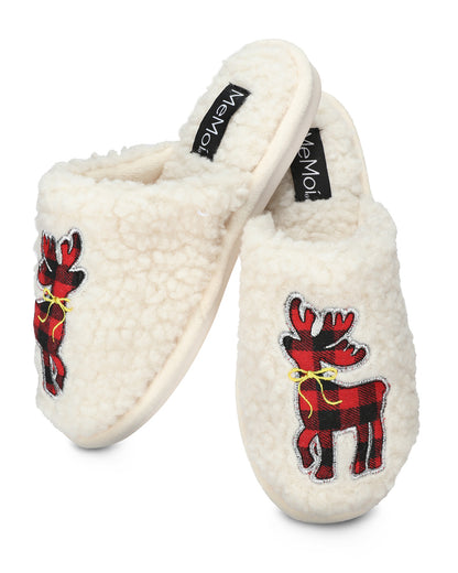 Women's Plaid Reindeer Plush Slippers : Color: Ivory