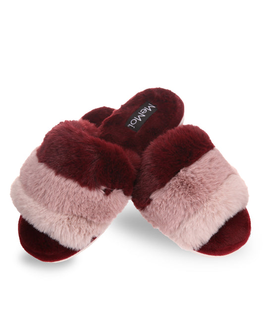 Women's Tonal Stripe Hard Bottom Plush Slippers : Color: Burgundy