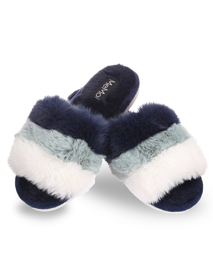 Women's Tonal Stripe Hard Bottom Plush Slippers : Color: Navy
