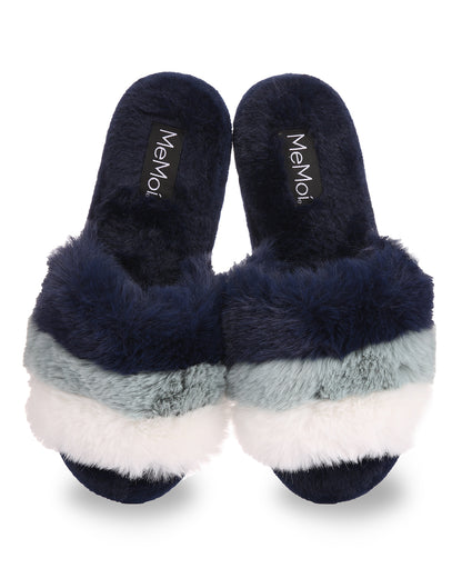 Women's Tonal Stripe Hard Bottom Plush Slippers : Color: Navy