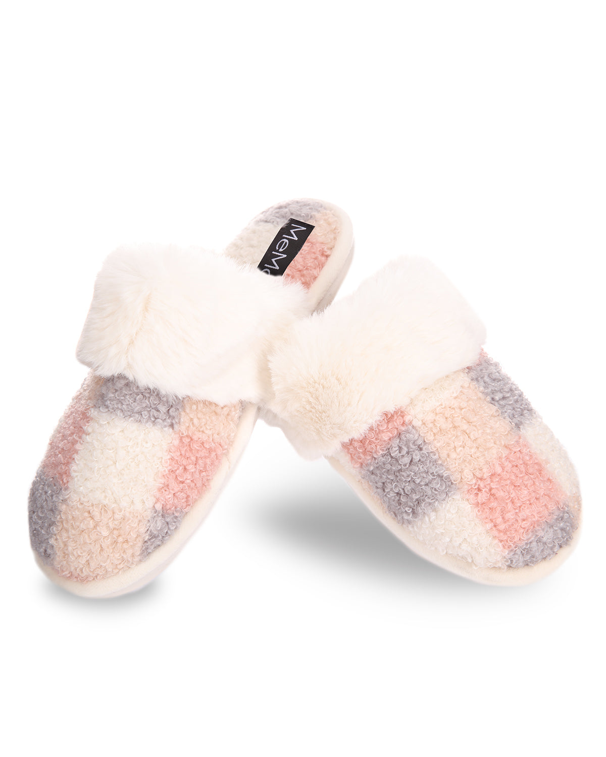 Women's Checkerboard Hard Bottom Plush Slippers : Color: Ivory-Pink