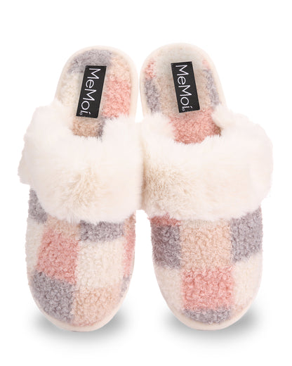 Women's Checkerboard Hard Bottom Plush Slippers : Color: Ivory-Pink