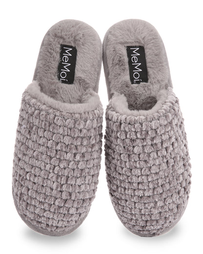 Women's Woven Chenille Textured Hard Bottom Plush Slippers : Color: Gray