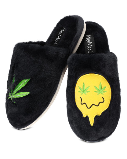 Women's Happy Weed Plush Slippers : Color: Black