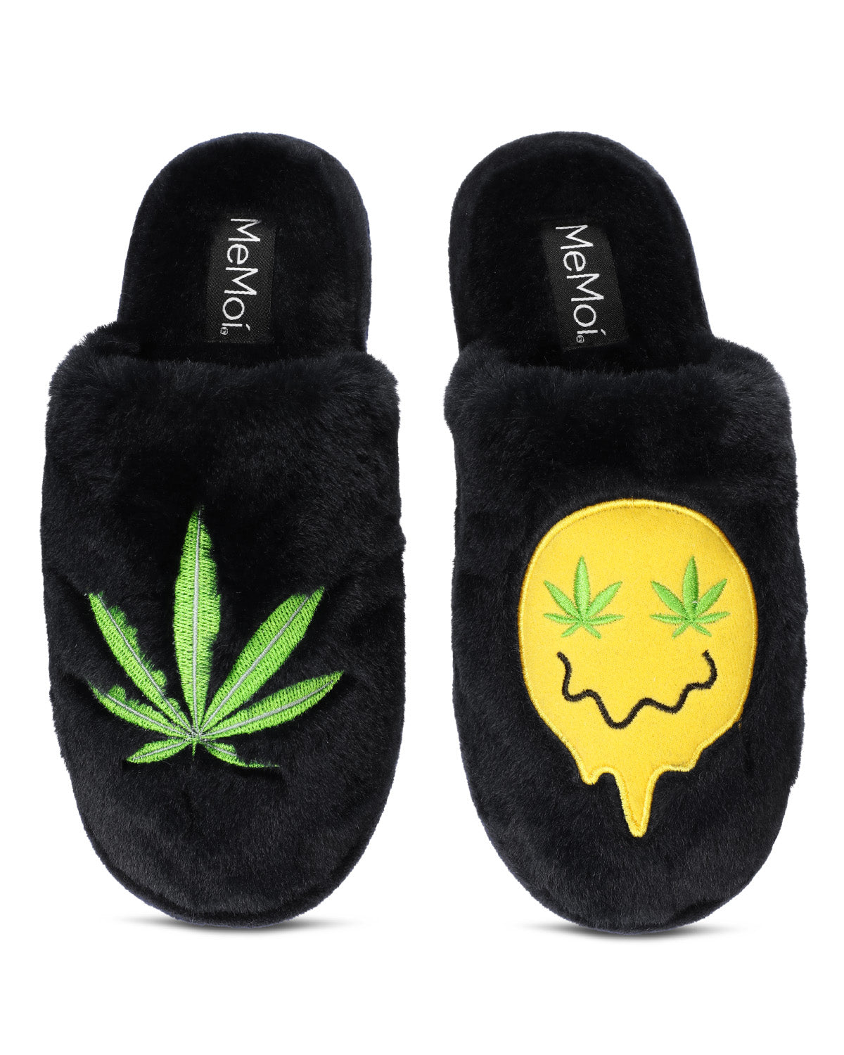 Women's Happy Weed Plush Slippers : Color: Black