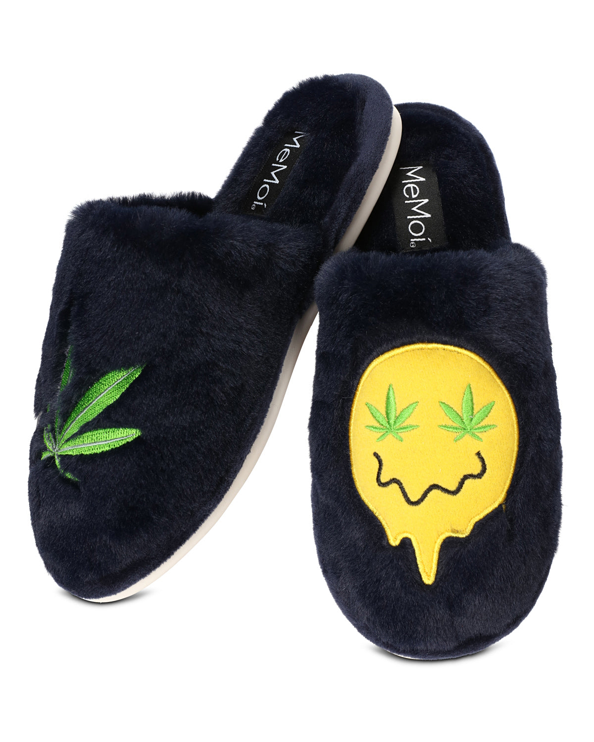 Women's Happy Weed Plush Slippers : Color: Black