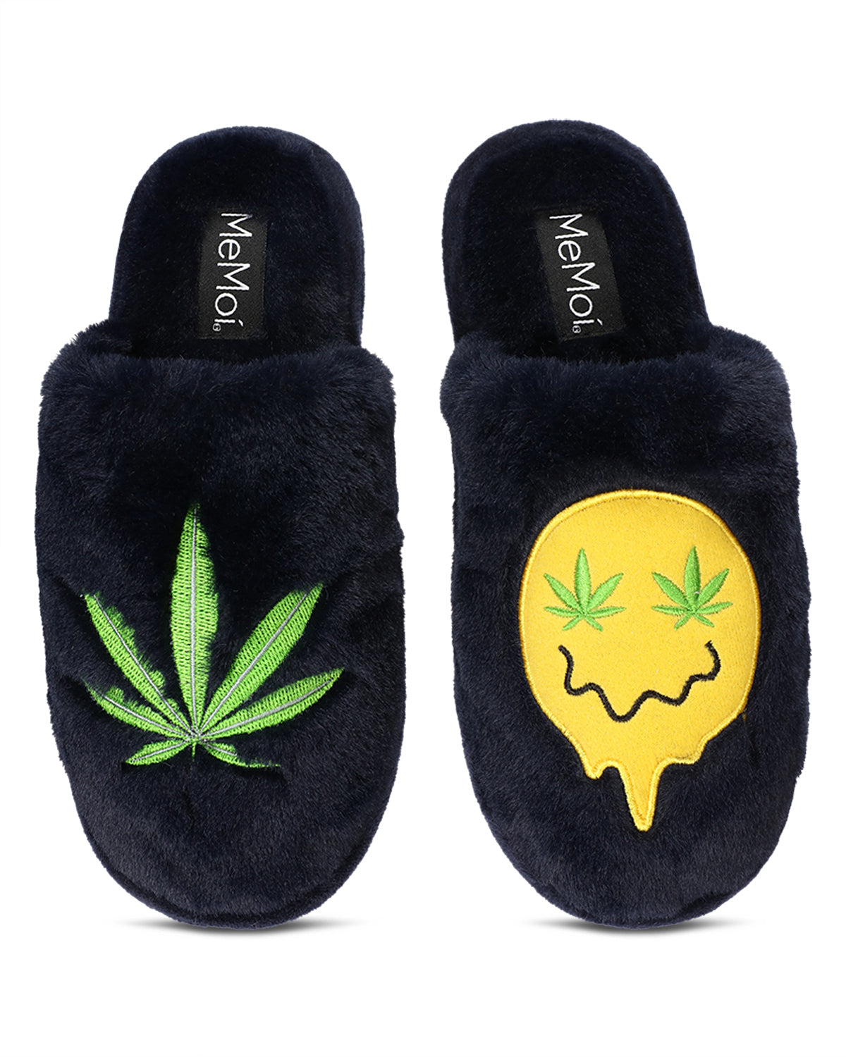 Women's Happy Weed Plush Slippers : Color: Black