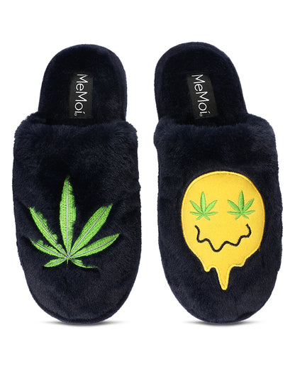 Women's Happy Weed Plush Slippers : Color: Black
