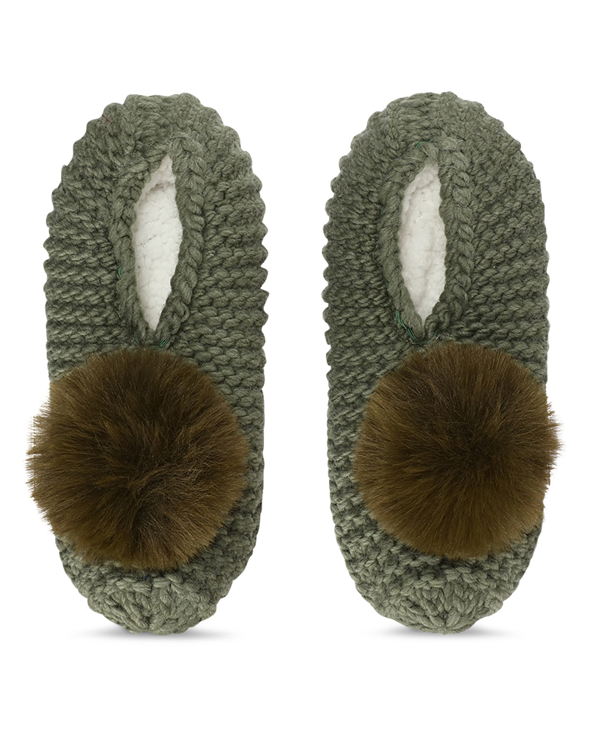 Women's Pompom Recycled Knit Sherpa Lined Slippers : Color: Moss Green