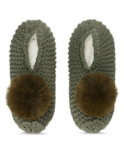 Women's Pompom Recycled Knit Sherpa Lined Slippers : Color: Moss Green
