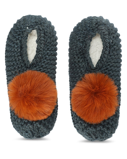 Women's Pompom Recycled Knit Sherpa Lined Slippers : Color: Teal