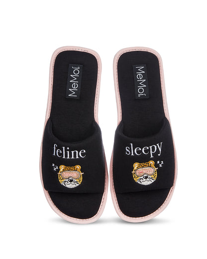 Feline Sleepy Open-Toe Slippers : Color: Black