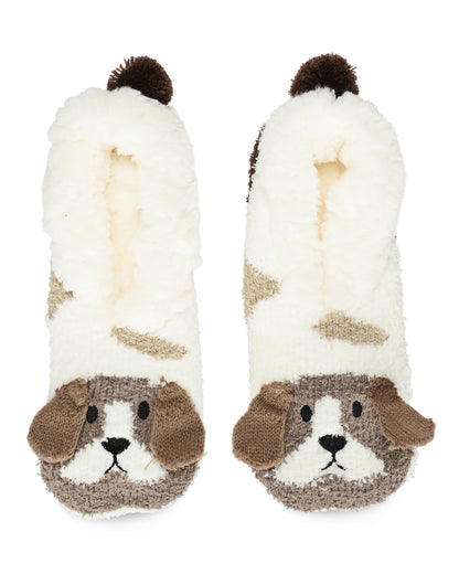 Women's Puppy Embellished Plush Lined Slippers : Color: Ivory