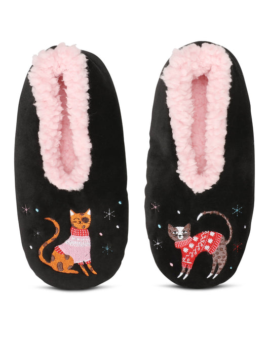 Women's Sweater Cats Sherpa Lined Slippers : Color: Black