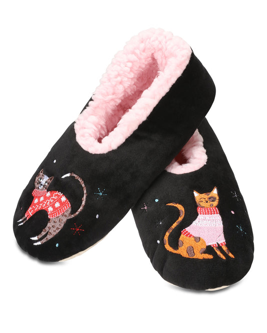 Women's Sweater Cats Sherpa Lined Slippers : Color: Black