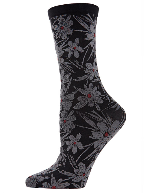 Women's Abstract Floral Opaque Crew Socks : Color: BLACK