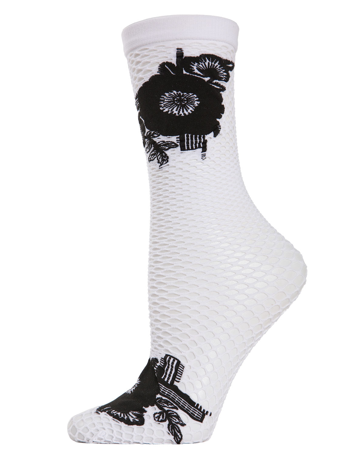 Women's Floral Applique Net Crew Socks : Color: White