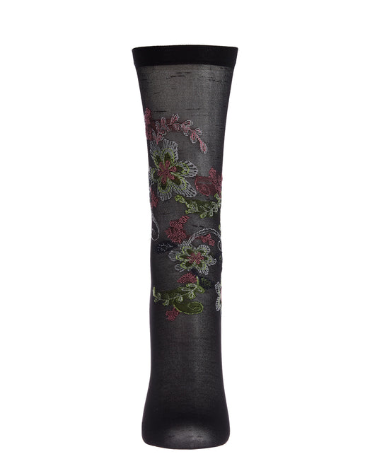 Cascading Cyprus Floral Sheer Crew Sock : Color: Black