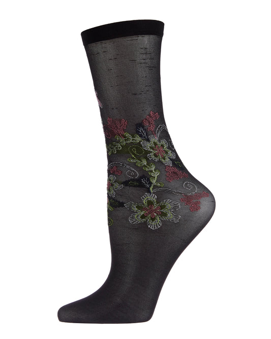 Cascading Cyprus Floral Sheer Crew Sock : Color: Black
