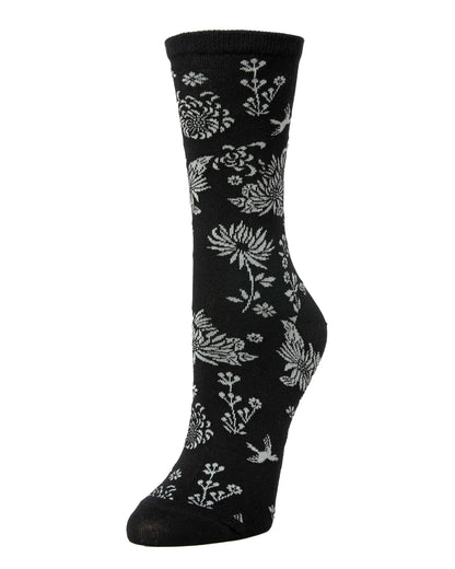 Natori Cascading Floral Cotton Blend Crew Sock : Color: Black
