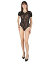 Natori Romance Floral Lace Short Sleeve Body Suit : Color: Black