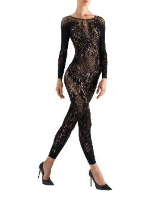 Natori Feathers Long Sleeve Lace Bodysuit : Color: Black