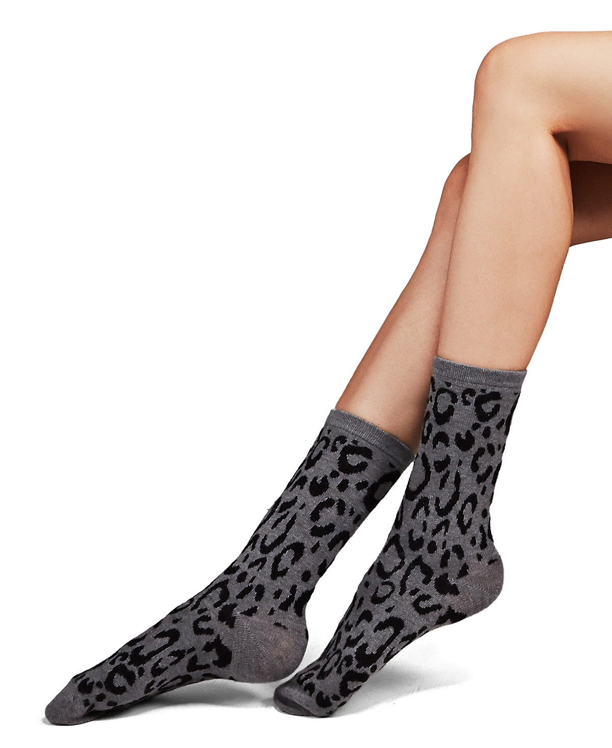Natori Animal Print Cashmere Blend Crew Socks : Black: Med Gray Heather