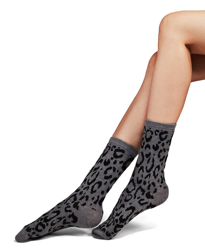 Natori Animal Print Cashmere Blend Crew Socks : Black: Med Gray Heather
