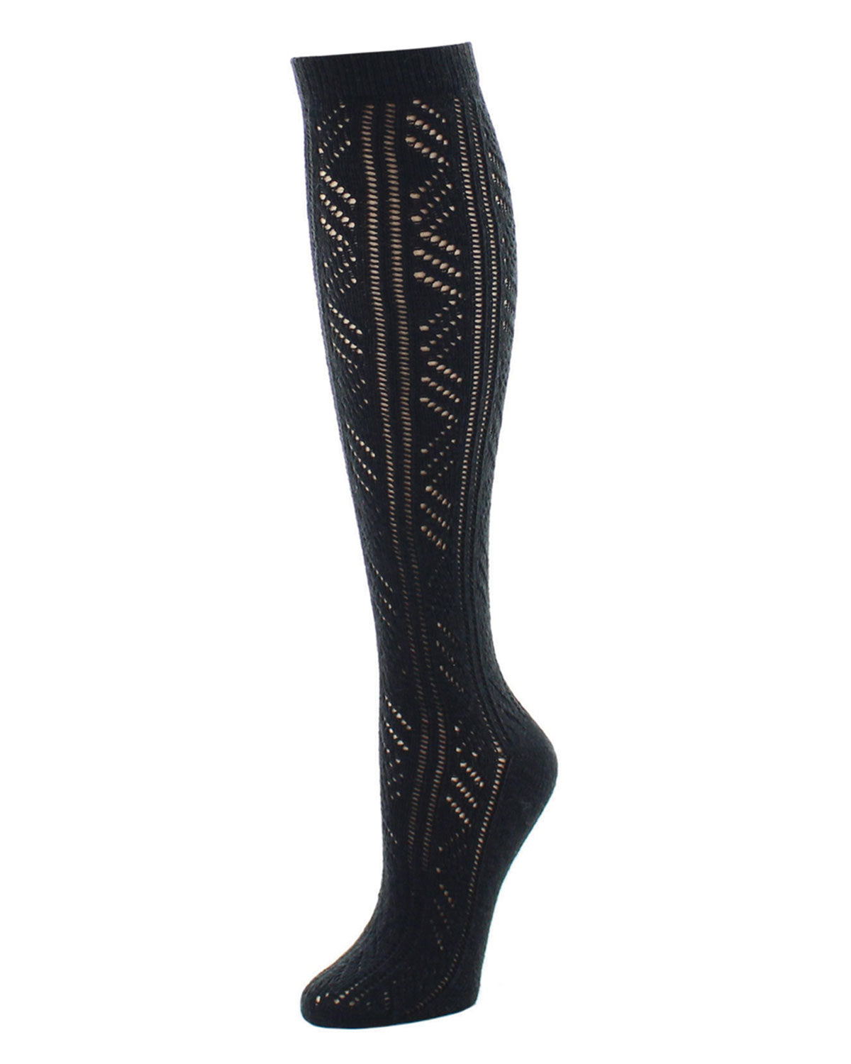 Mixed Schiffli Strip Knee High Sock : Color: Black