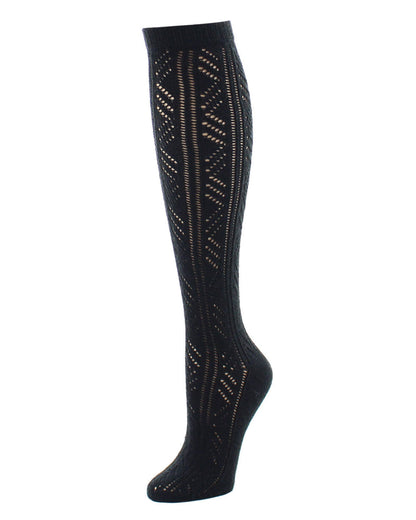 Mixed Schiffli Strip Knee High Sock : Color: Black