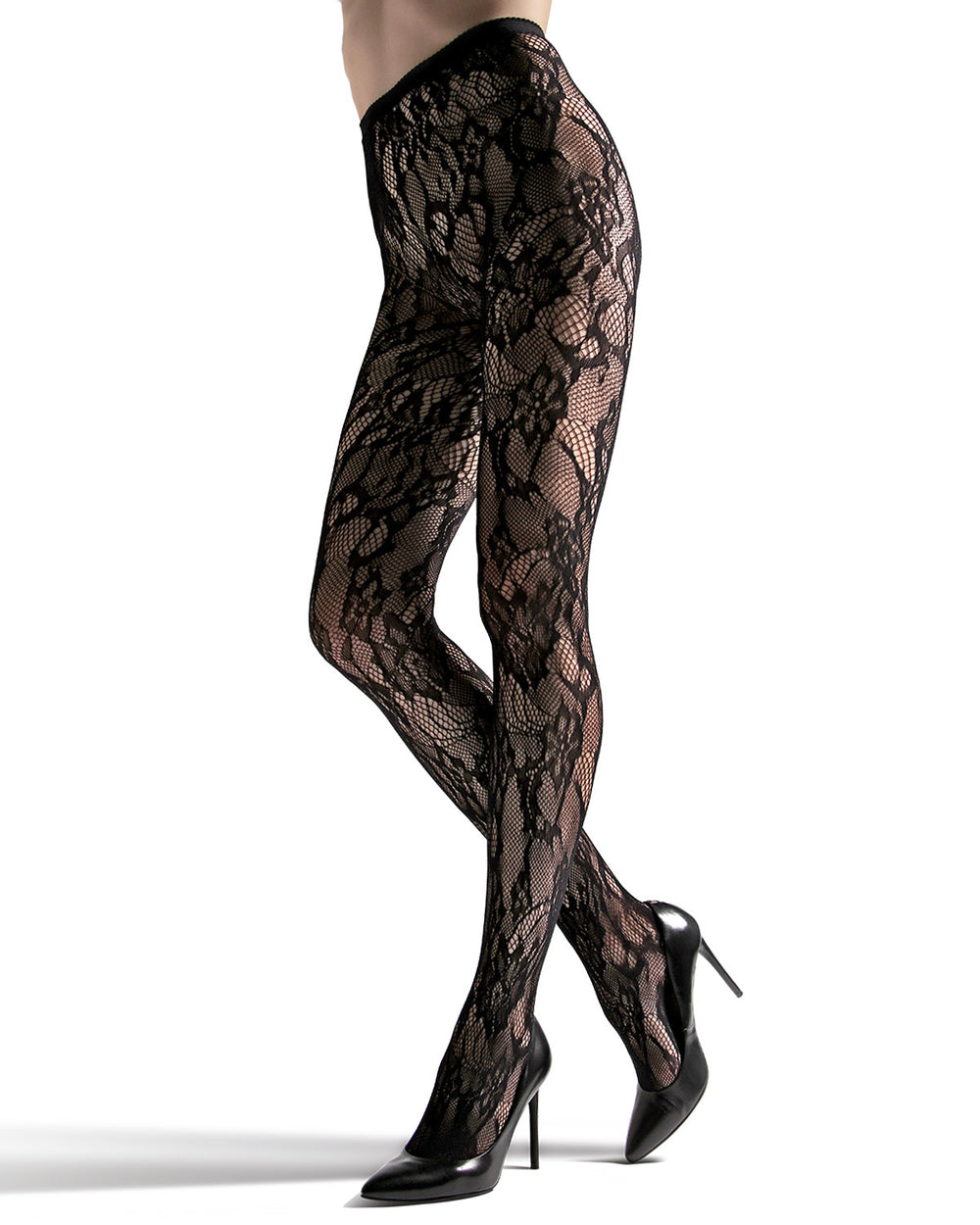 Floral Lace Cut-Out Fishnet Tights : Color: Black