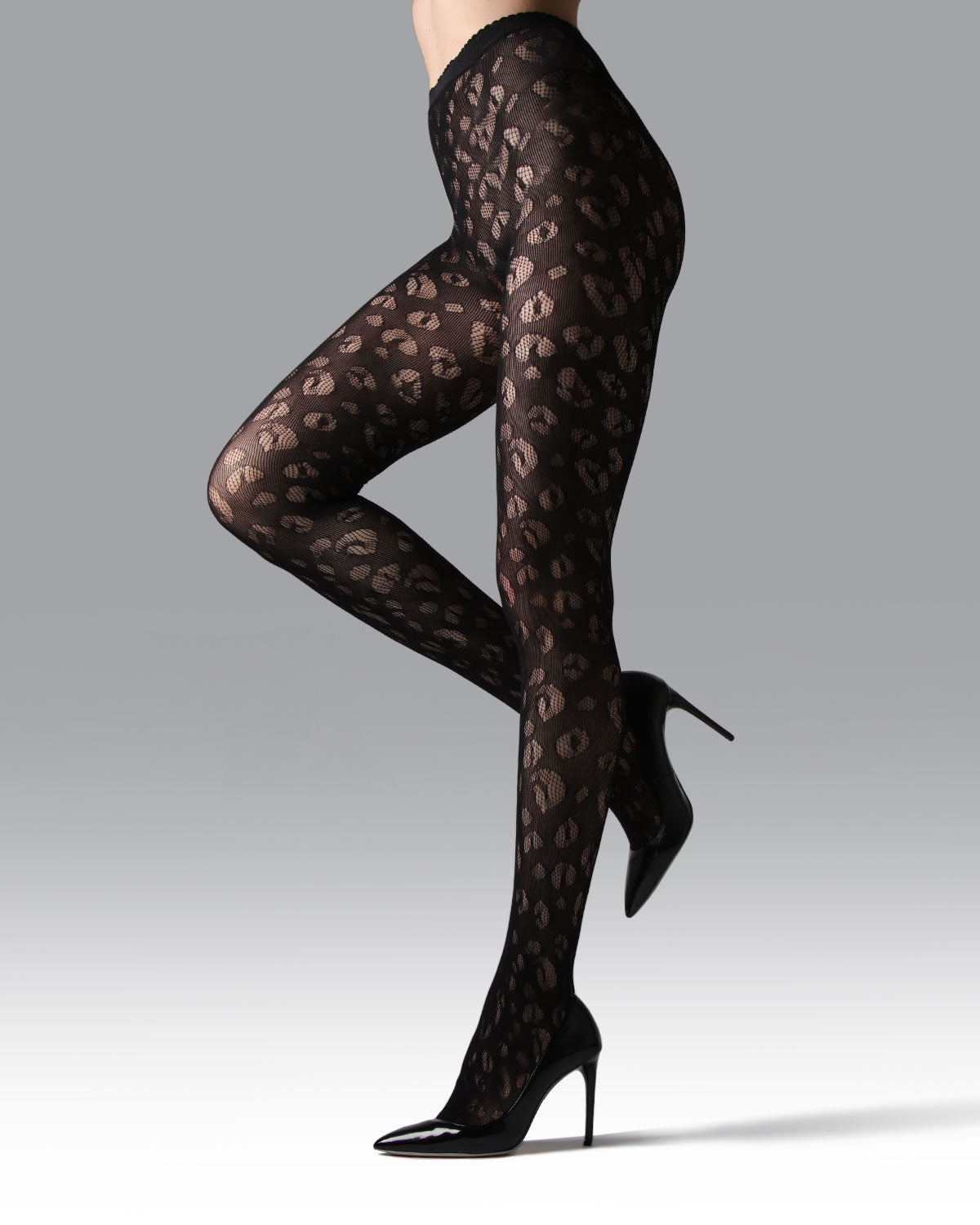 Leopard Print Semi-Opaque Net Tights : Color: Black