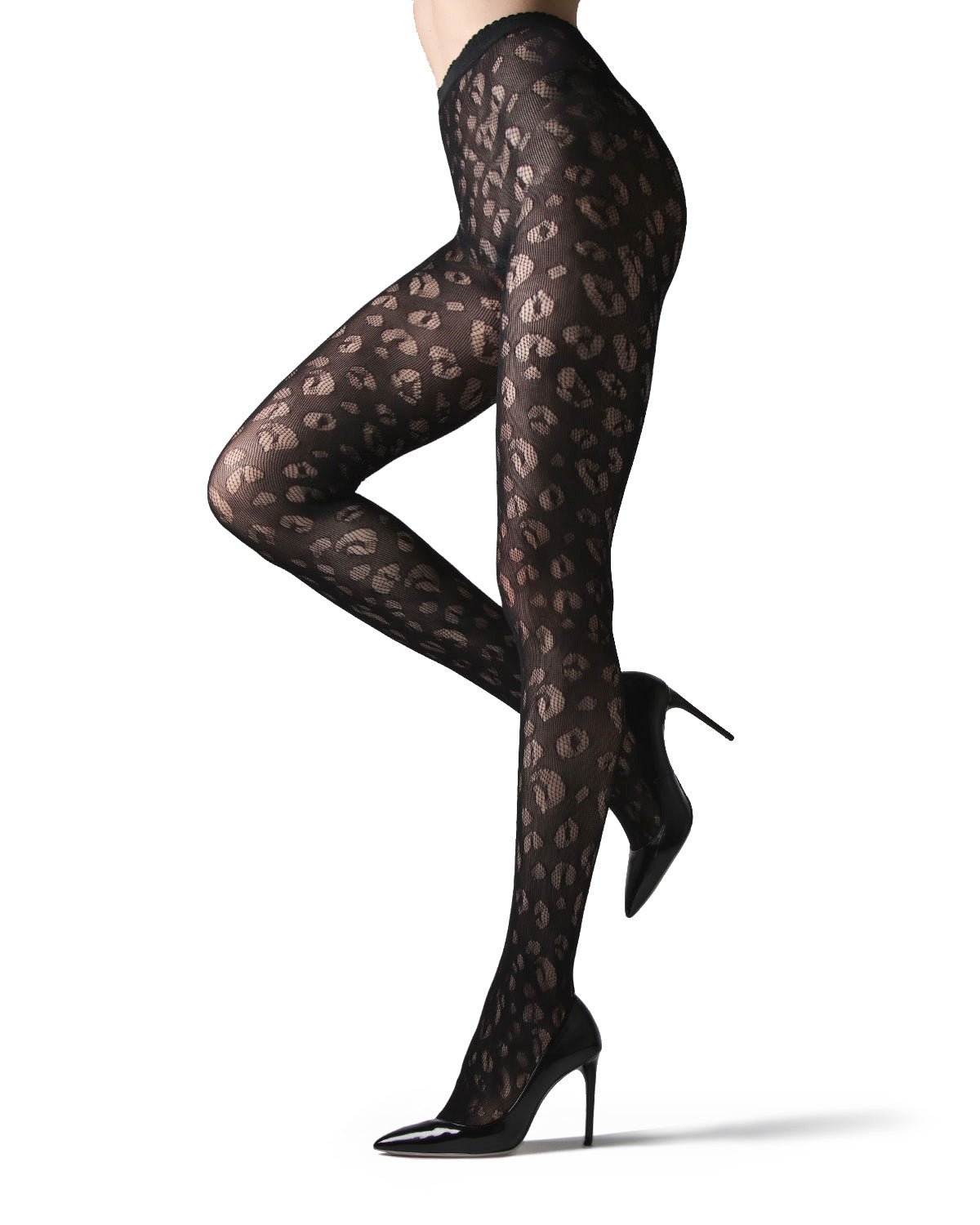 Leopard Print Semi-Opaque Net Tights : Color: Black