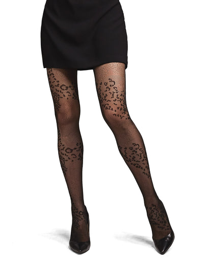 Women's Leopard Mix Sheer Nylon Tights : Color: Black