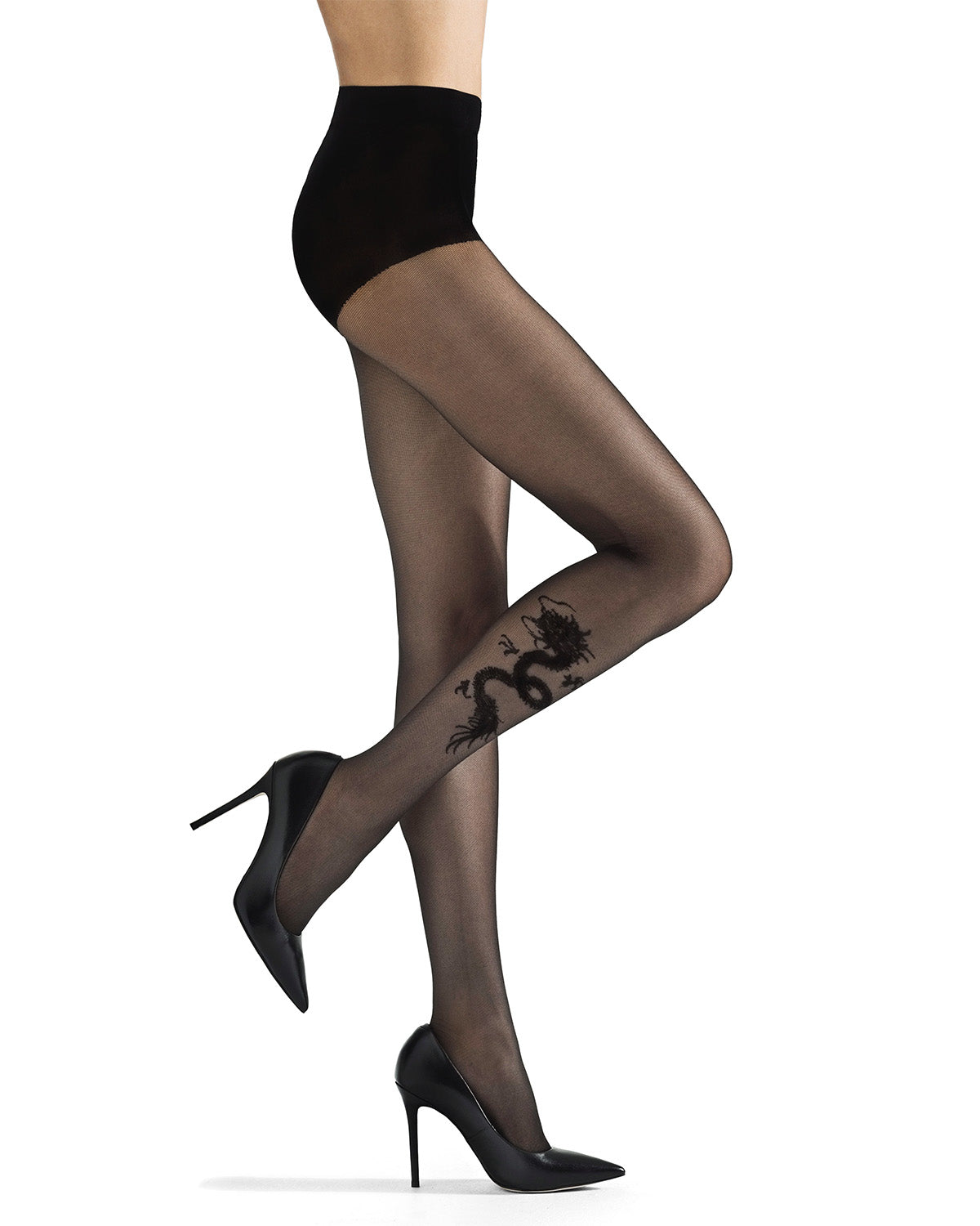 Women's Dangerous Dragon Sheer Nylon Tights : Color: Black