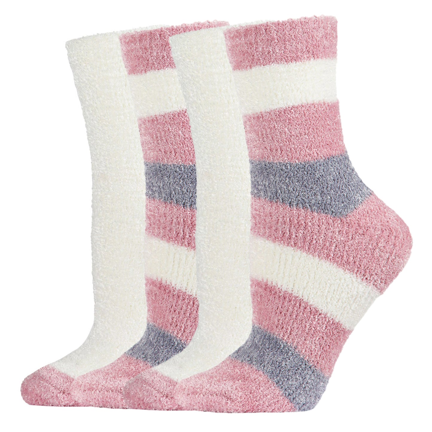 Chenille Striped/Solid Cozy Crew 2 Pair Pack : Color: Blush