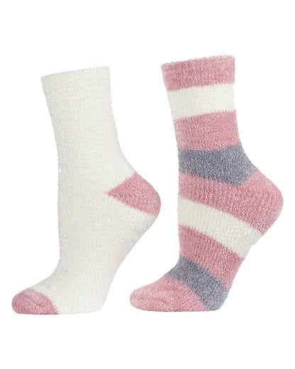 Chenille Striped/Solid Cozy Crew 2 Pair Pack : Color: Blush
