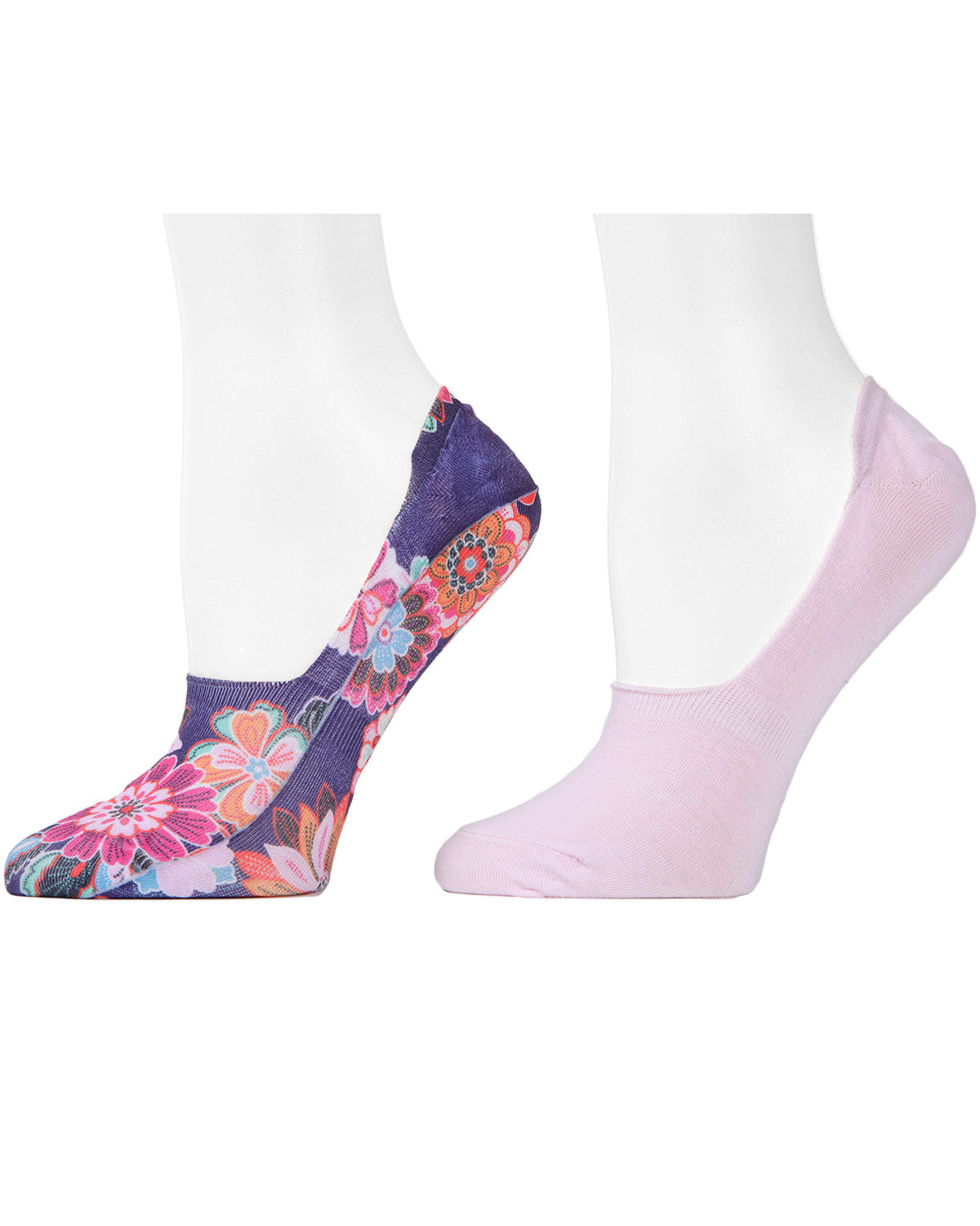 Women's 4 Pair Pack Natori Funky Floral No-Show Liner Socks : Color: Blueberry-Light Pink