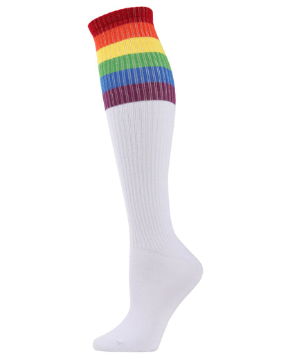 Women's Rainbow Rugby Ribbed Knee High Socks : Color: White