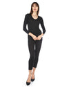 Poly Viscose Flat Knit Long Sleeve V Neck Top : Color: Black