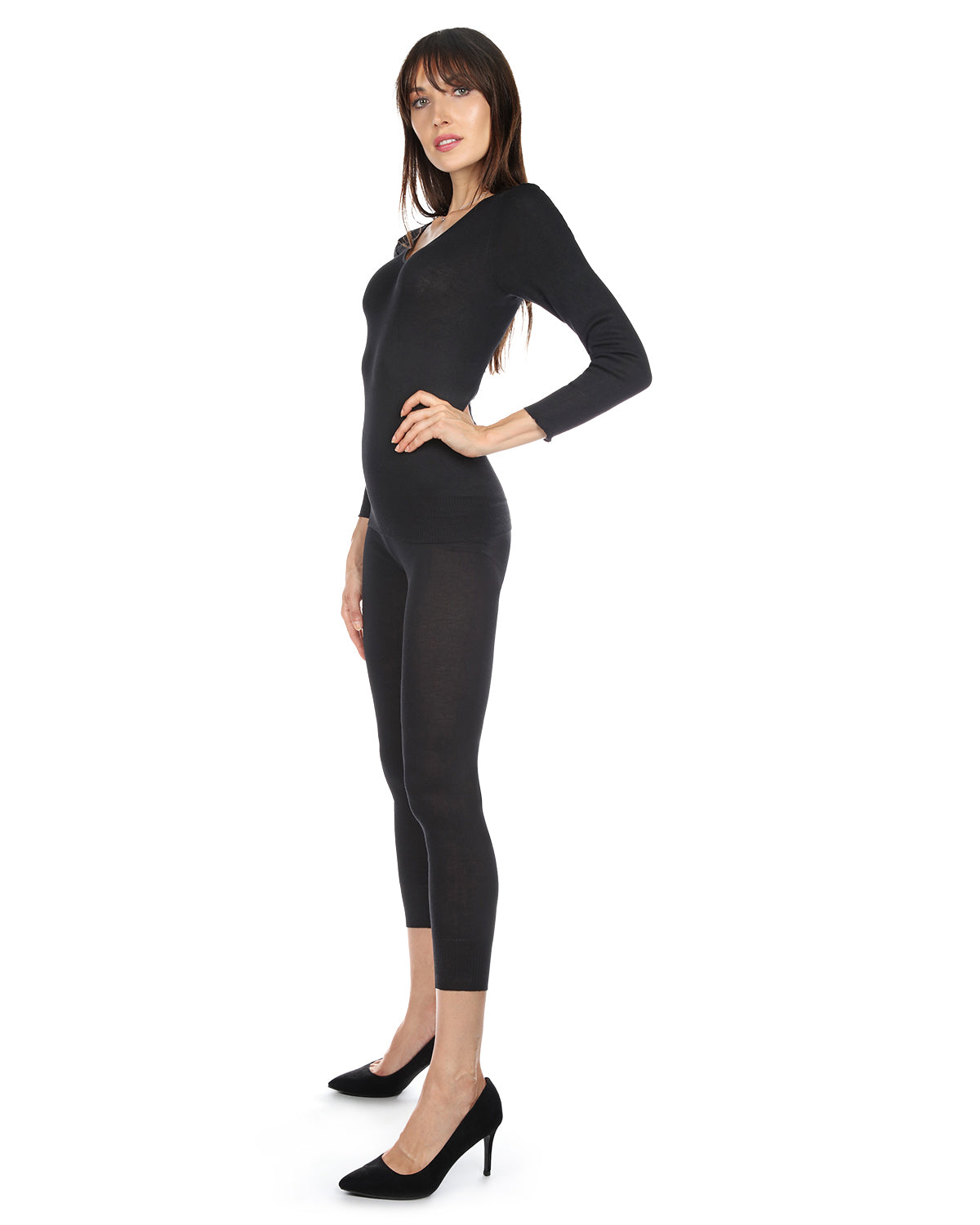 Poly Viscose Flat Knit Long Sleeve V Neck Top : Color: Black