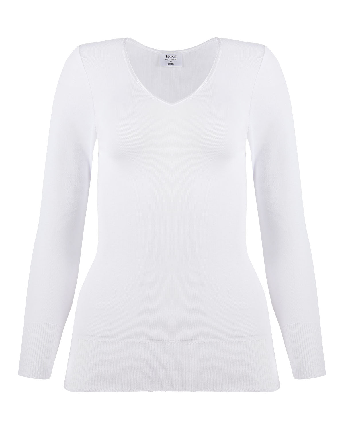 Poly Viscose Flat Knit Long Sleeve V Neck Top : Color: White