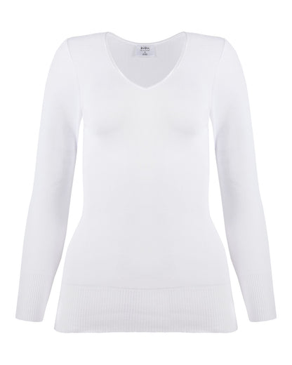 Poly Viscose Flat Knit Long Sleeve V Neck Top : Color: White