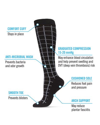 Unisex Window Pane Knee High Cotton Blend 15-20mmHg Graduated Compression Socks : Color: Black
