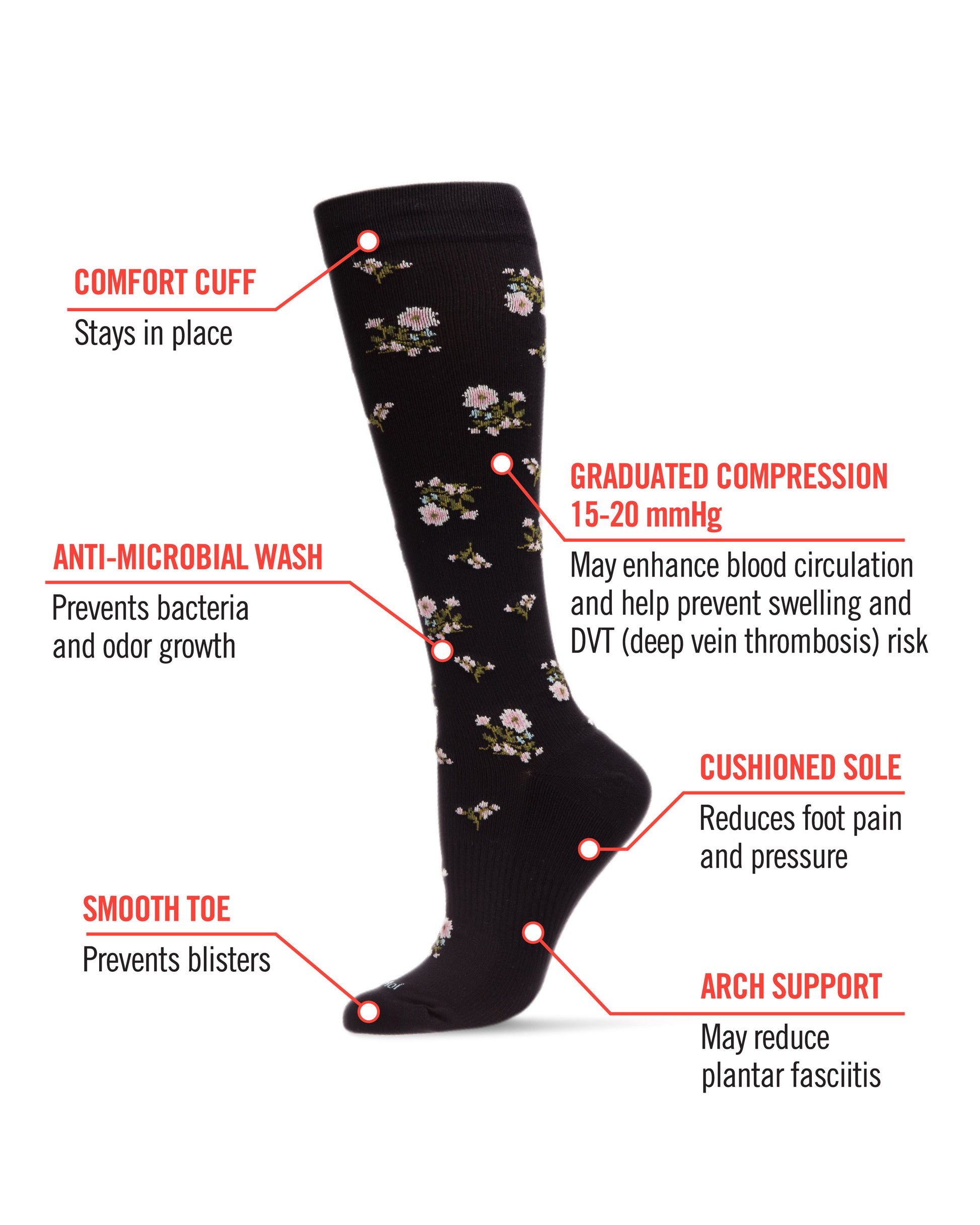 Women's Ditsy Floral Nylon 15-20mmHg Graduated Compression Socks : Color: Black