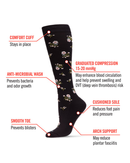 Women's Ditsy Floral Nylon 15-20mmHg Graduated Compression Socks : Color: Black