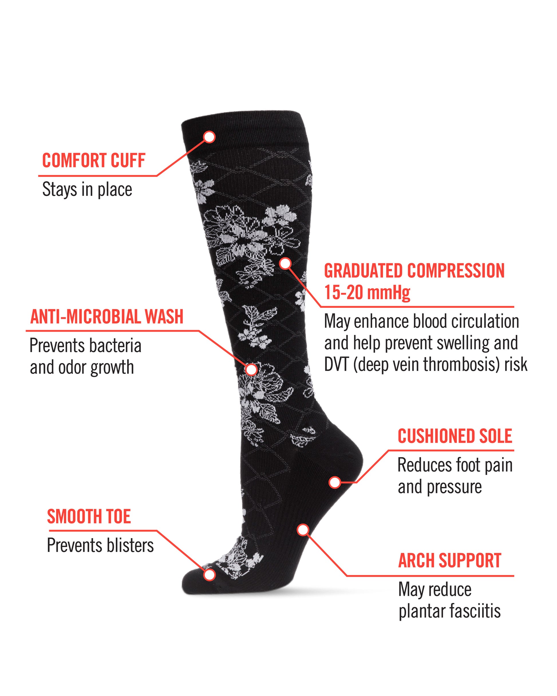 Women's Floral Link Nylon 15-20mmHg Graduated Compression Socks : Color: Black